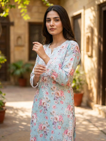 Readymade Divine Flora Crepe Blue Kurta