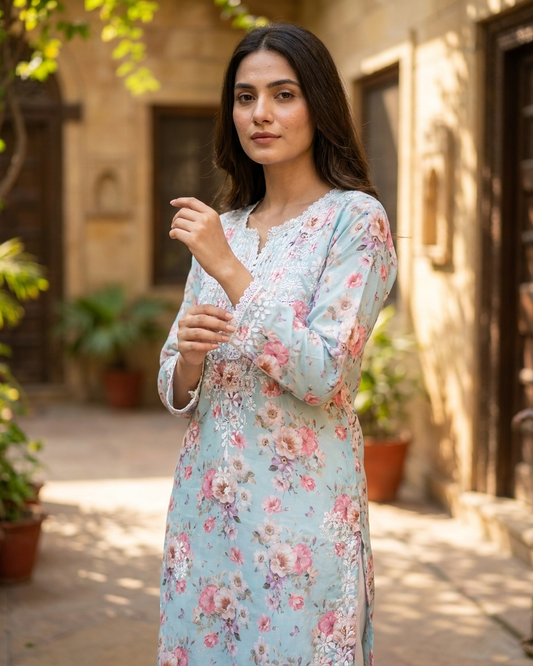Readymade Divine Flora Crepe Blue Kurta