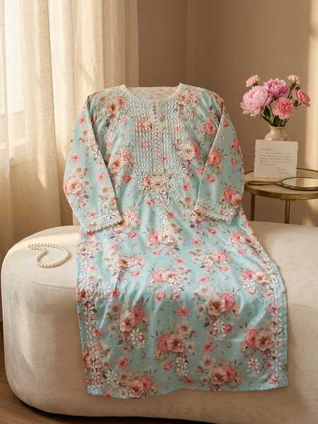 Readymade Divine Flora Crepe Blue Kurta