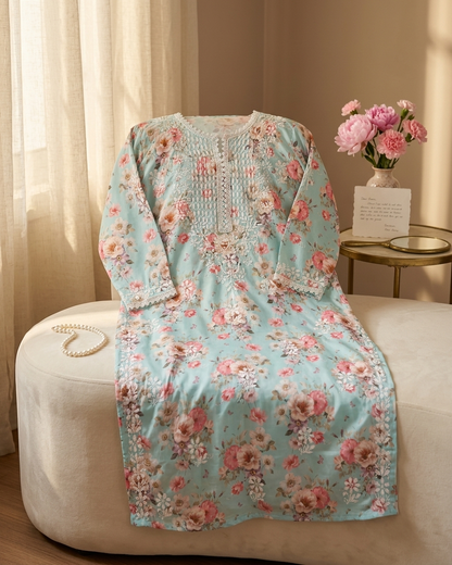 Readymade Divine Flora Crepe Blue Kurta