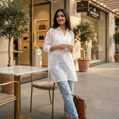White Mulchanderi Hi-Low Kurta in Chikankari Work