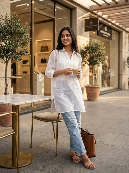 White Mulchanderi Hi-Low Kurta in Chikankari Work