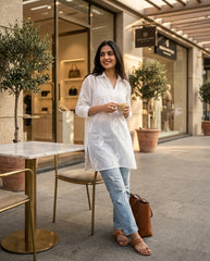 White Mulchanderi Hi-Low Kurta in Chikankari Work