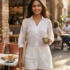 White Mulchanderi Hi-Low Kurta in Chikankari Work