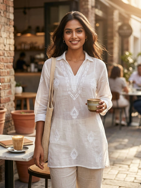 White Mulchanderi Hi-Low Kurta in Chikankari Work