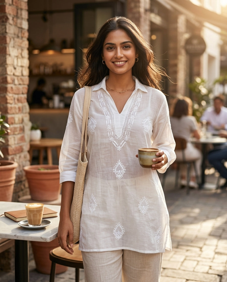 White Mulchanderi Hi-Low Kurta in Chikankari Work