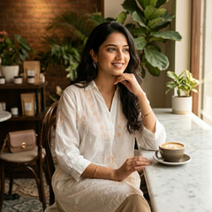 White Mulchanderi Hi-Low Kurta in Coloured Chikankari Work