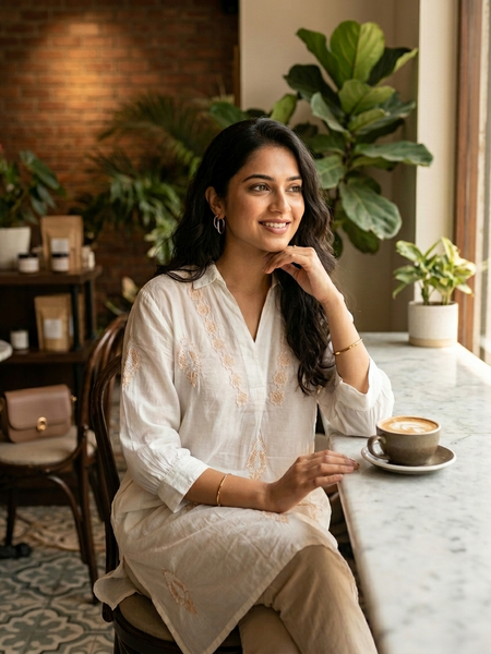 White Mulchanderi Hi-Low Kurta in Coloured Chikankari Work