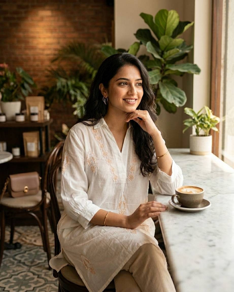 White Mulchanderi Hi-Low Kurta in Coloured Chikankari Work