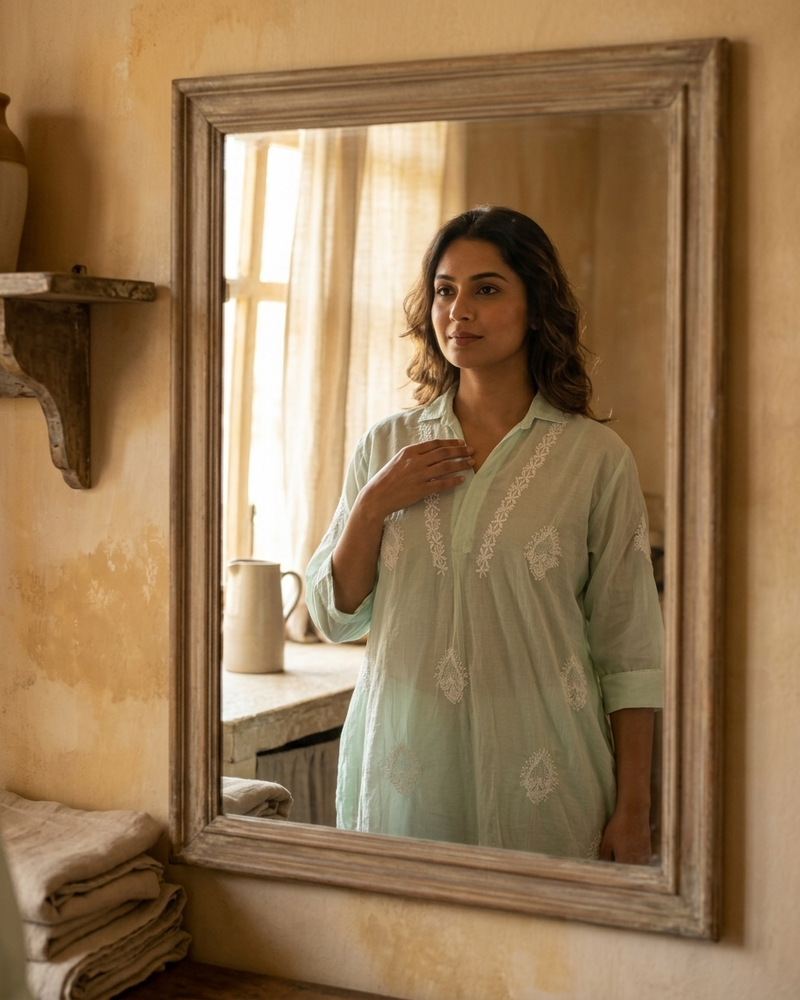 Green Mulchanderi Hi-Low Kurta in Chikankari Work