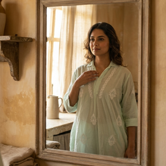 Green Mulchanderi Hi-Low Kurta in Chikankari Work