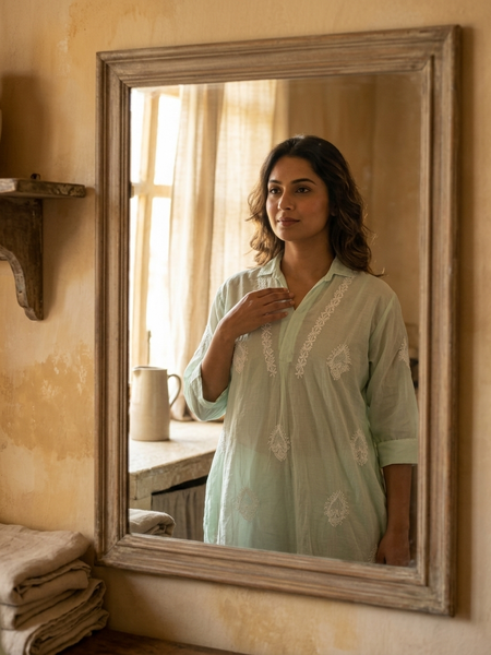 Green Mulchanderi Hi-Low Kurta in Chikankari Work