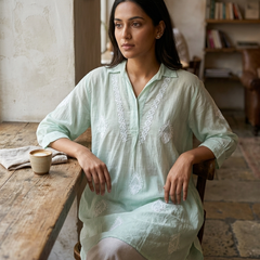 Green Mulchanderi Hi-Low Kurta in Chikankari Work