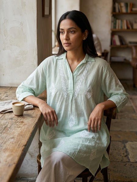 Green Mulchanderi Hi-Low Kurta in Chikankari Work