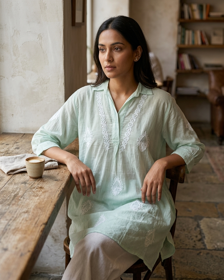 Green Mulchanderi Hi-Low Kurta in Chikankari Work