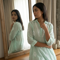 Green Mulchanderi Hi-Low Kurta in Chikankari Work