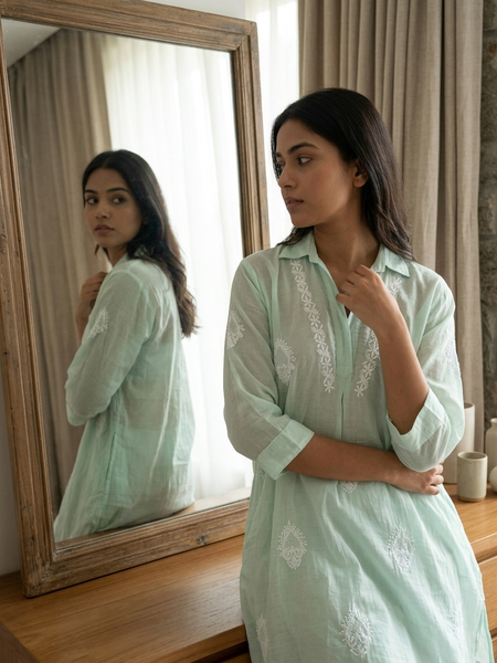 Green Mulchanderi Hi-Low Kurta in Chikankari Work
