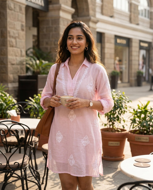Pink Mulchanderi Hi-Low Kurta in Chikankari Work