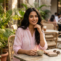 Pink Mulchanderi Hi-Low Kurta in Chikankari Work