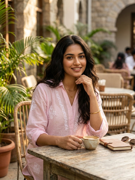 Pink Mulchanderi Hi-Low Kurta in Chikankari Work