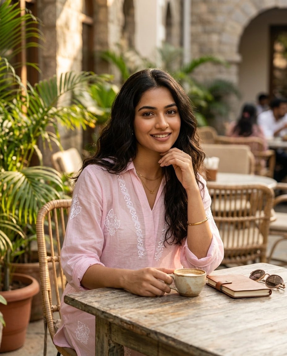 Pink Mulchanderi Hi-Low Kurta in Chikankari Work
