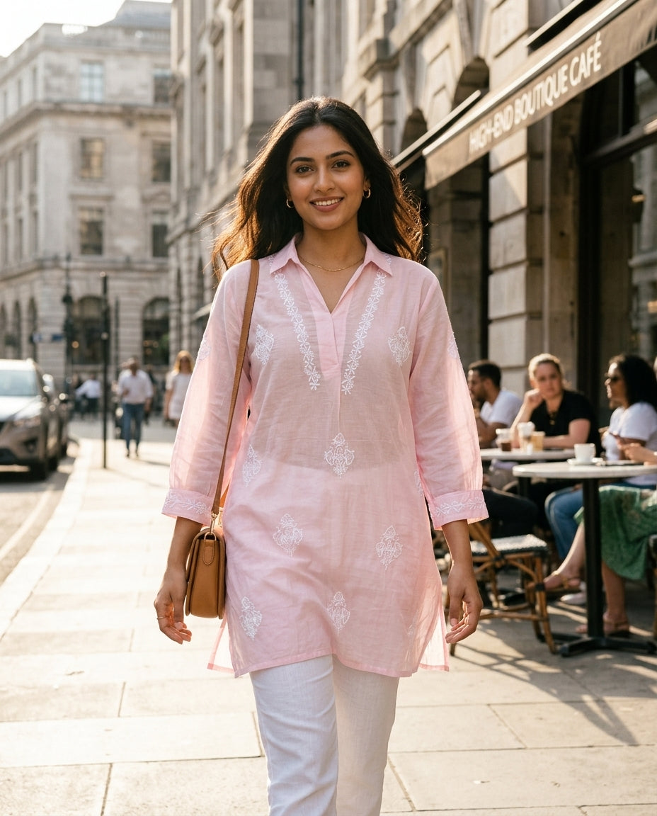 Pink Mulchanderi Hi-Low Kurta in Chikankari Work