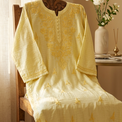 Chanderi Chikankari Long Kurta Yellow