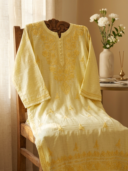 Chanderi Chikankari Long Kurta Yellow