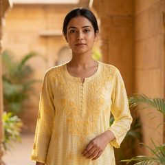 Chanderi Chikankari Long Kurta Yellow