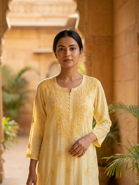 Chanderi Chikankari Long Kurta Yellow