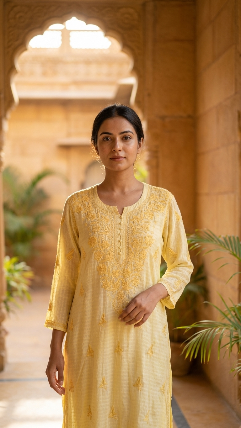 Chanderi Chikankari Long Kurta Yellow