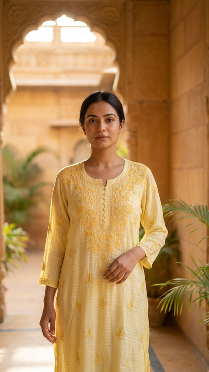 Chanderi Chikankari Long Kurta Yellow