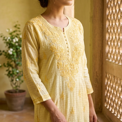 Chanderi Chikankari Long Kurta Yellow