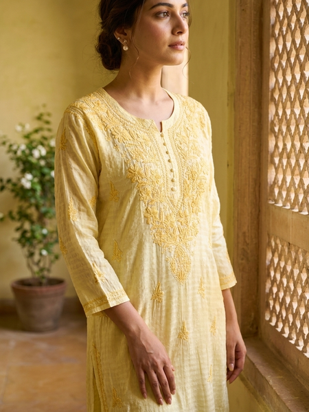 Chanderi Chikankari Long Kurta Yellow
