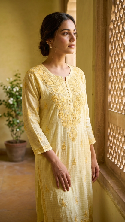 Chanderi Chikankari Long Kurta Yellow