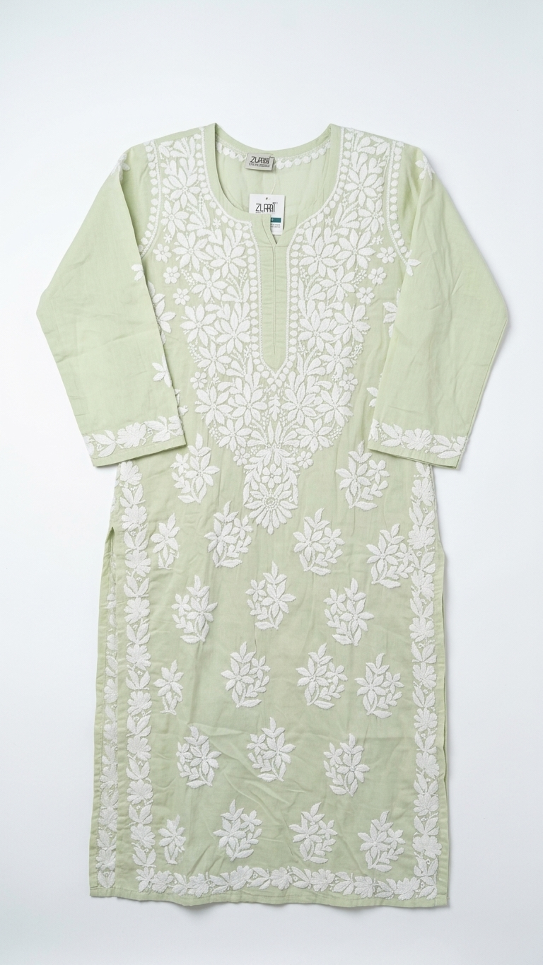 Green Readymade Mulcotton Chikankari Kurta