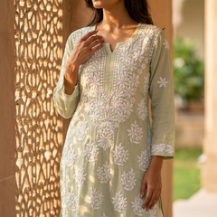 Green Readymade Mulcotton Chikankari Kurta
