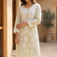 Green Readymade Mulcotton Chikankari Kurta