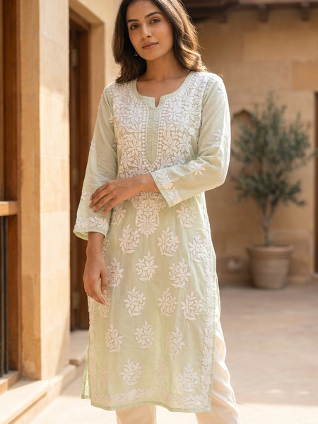 Yellow Readymade Mulcotton Chikankari Kurta