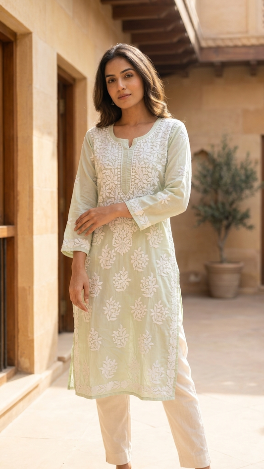 Yellow Readymade Mulcotton Chikankari Kurta