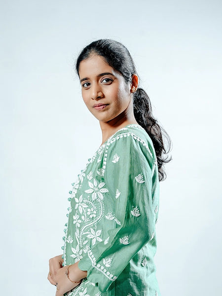 Green Pink Muslin Co-ord Set With Ghaspatti Chikankari Work
