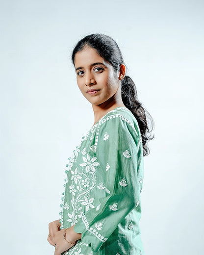 Green Pink Muslin Co-ord Set With Ghaspatti Chikankari Work