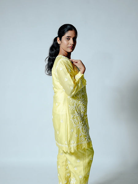Yellow Muslin Co-ord Set With Ghaspatti chikankari work