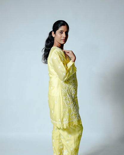 Yellow Muslin Co-ord Set With Ghaspatti chikankari work