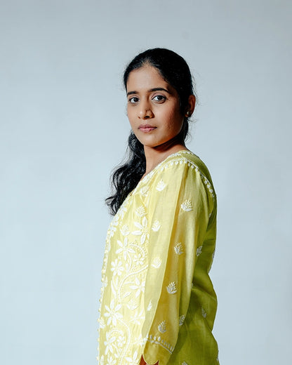 Yellow Muslin Co-ord Set With Ghaspatti chikankari work